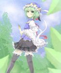  adapted_costume aibumi bad_id bad_pixiv_id black_legwear blouse blurry blush cloud day depth_of_field frills frown green_eyes green_hair hat hat_ribbon highres leaf light_particles long_sleeves looking_at_viewer ribbon rod_of_remorse shiki_eiki short_hair skirt sky solo thighhighs touhou tree vest wide_sleeves zettai_ryouiki 