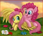  2011 blue_eyes cloud couple detailed_background equine eye_contact female flower fluttershy_(mlp) friendship_is_magic grass green_eyes hair horse long_hair mn27 my_little_pony open_mouth pegasus pink_fur pink_hair pinkie_pie_(mlp) pony smile wings yellow_fur 