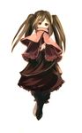  black_eyes blush brown_hair capelet long_hair looking_at_viewer original robe simple_background solo standing suisa twintails white_background 