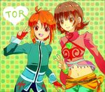  1boy 1girl annie_barrs belt breasts brown_eyes brown_hair earrings gloves green_background highres jewelry mao_(tales) mao_(tor) midriff navel open_mouth pants red_eyes red_hair short_hair smile tales_of_(series) tales_of_rebirth v 