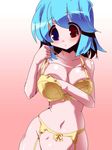  adjusting_bra adjusting_clothes bare_shoulders blue_hair bra breasts dressing garter_belt gradient gradient_background groin heterochromia large_breasts miuku_(marine_sapphire) navel short_hair solo tatara_kogasa touhou underwear 