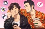  arm_around_shoulder beard black_hair black_jacket brown_eyes brown_hair cellphone chinstrap_beard commentary cup cup_holder english_commentary eyebrow_cut facial_hair heart highres holding holding_cup holding_disposable_cup_holder holding_instrument holding_saxophone instrument jacket judge_eyes kaito_masaharu leather leather_jacket male_focus orange_shirt pectoral_cleavage pectorals phone saxophone shirt smartphone smile teppn_(gattobamboom) yagami_takayuki 