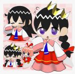  alt_0218 artist_name black_hair blush bow braid checkered_background commentary_request crown fairy fairy_wings glasses hair_bow highres kirby_(series) kirby_64 long_hair long_skirt low_twin_braids multiple_views pink_background pink_hair purple_eyes red_bow ribbon_(kirby) ripple_star_queen signature skirt sleeves_past_fingers sleeves_past_wrists twin_braids wings 