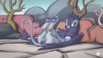 animal_genitalia animal_vulva anus arm_tuft avian back_wings beak black_body black_feathers black_wings butt detailed_background feathered_wings feathers feet feline_genitalia feline_tail feline_vulva female female_feral feral friendship_is_magic fur genitals giselle_(mlp) grey_body grey_fur gryphon hasbro hi_res holding_both_legs holding_both_thighs legs_up looking_aside lying my_little_pony mysticalpha mythological_avian mythological_creature mythology on_back orange_eyes pawpads paws plant presenting presenting_anus presenting_hindquarters presenting_vulva puffy_anus shaded solo tail tail_tuft tree tuft vulva wings