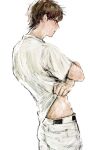  1boy ace_of_diamond arms_up belt black_belt brown_eyes brown_hair closed_mouth clothes_lift commentary_request cowboy_shot lifting_own_clothes looking_at_viewer looking_to_the_side male_focus midriff miyuki_kazuya no_eyewear pants shirt shirt_lift short_hair short_sleeves sketch solo standing t-shirt toned toned_male white_pants yongyon5010 