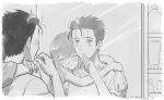  1boy 1girl arms_around_neck bathroom beard_stubble black_hair blush brushing_teeth commentary_request couple facial_hair fingernails greyscale hetero hug hug_from_behind long_hair looking_at_mirror loungewear makise_kurisu mirror monochrome okabe_rintarou rocni science_adventure shirt short_hair smile steins;gate stubble t-shirt upper_body 