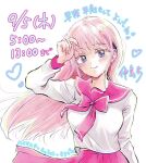  1girl a12nakashima blush bow bowtie closed_mouth commentary_request heart long_hair long_sleeves looking_at_viewer original pink_bow pink_bowtie pink_hair pink_sailor_collar pink_skirt purple_eyes sailor_collar school_uniform serafuku shirt simple_background skirt smile solo translation_request upper_body white_background white_shirt 