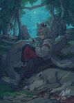  1girl :o absurdres alternate_costume animal animal_ears black_pants closed_eyes commentary crescent_moon doggo_1d34 ear_ornament geta grey_hair grey_hoodie hat highres holding holding_weapon hood hoodie inubashiri_momiji long_sleeves moon nature night outdoors pants parted_lips red_hat red_pants short_hair signature sitting sleeping sleeping_animal sleeping_upright solo symbol-only_commentary tail thick_eyebrows tokin_hat touhou two-tone_pants weapon wolf wolf_ears wolf_girl wolf_tail 