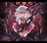  bad_id bad_pixiv_id blonde_hair chain chained cuffs flandre_scarlet hair_ribbon hands_on_own_cheeks hands_on_own_face hat laevatein letterboxed lunica magic_circle open_mouth pillar red_eyes ribbon short_hair side_ponytail skirt skirt_set skull smile solo stained_glass touhou wings wrist_cuffs 