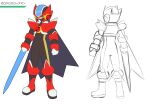  1boy absurdres arm_blade armor artist_name black_cape blue_sword bodysuit boots cape commentary_request double_soul_(mega_man) energy_sword flat_color full_body fusion green_eyes grey_bodysuit helmet highres leg_up long_hair male_focus mask mega_man_(series) mega_man_battle_network_(series) mega_man_network_transmission megaman.exe mouth_mask netnavi red_boots red_helmet shoutaro_saito signature simple_background solo sword tight_clothes weapon white_background zero.exe_(mega_man) 
