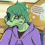 anthro baryonyx cavemanon_studios clothed clothing dialogue dinosaur female front_view fully_clothed hoodie i_wani_hug_that_gator looking_at_viewer olivia_halford prehistoric_species reptile saurischian scalie school solo spanish_text spinosaurid text theropod topwear translated vandclash vehicle wheelchair