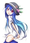  blue_hair blush food fruit hat hinanawi_tenshi ichiyan leaf long_hair panties peach purple_eyes solo touhou underwear 