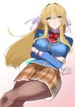  1girl absurdres aqua_eyes arms_under_breasts blonde_hair blue_eyes blue_jacket bow bowtie breasts brown_pantyhose brown_skirt closed_mouth crossed_arms crossed_legs gradient_background green_eyes hair_between_eyes hair_intakes hair_ribbon heaven_burns_red highres jacket large_breasts long_hair long_sleeves looking_at_viewer miniskirt negino_yurine pantyhose plaid_clothes plaid_skirt pleated_skirt red_bow red_bowtie ribbon school_uniform shirt sidelocks simple_background skirt smile solo striped_clothes striped_pantyhose thighs toujou_tsukasa vertical-striped_clothes vertical-striped_pantyhose white_background white_ribbon 