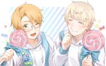  2boys ahoge america_(hetalia) artist_name axis_powers_hetalia bandaged_neck bandages blonde_hair blue_bow blue_eyes blue_vest blush border bow candy clenched_hand closed_eyes commentary_request food glasses grey-framed_eyewear hair_between_eyes hand_up hands_up harutoro_39487 highres holding holding_candy holding_food holding_lollipop hood hoodie lollipop long_sleeves male_focus matching_outfits multiple_boys one_eye_closed open_clothes open_mouth open_vest outside_border puffy_long_sleeves puffy_sleeves red_bow russia_(hetalia) semi-rimless_eyewear short_hair smile star_(symbol) star_print striped_background swirl_lollipop teeth upper_body vest white_background white_border white_hoodie 