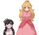  2girls arms_behind_back black_hair blonde_hair blue_eyes bow braid commentary_request crown dress earrings hair_bow highres jewelry kirby_(series) kirby_64 long_hair low_twin_braids mario_(series) multiple_girls pink_dress poyo_party princess_peach puffy_short_sleeves puffy_sleeves purple_eyes red_bow ripple_star_queen short_sleeves simple_background sleeves_past_fingers sleeves_past_wrists smile sweatdrop twin_braids white_background 