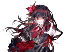  1girl armband black_hair black_shirt black_skirt chinese_commentary collared_shirt commentary_request cowboy_shot floating_hair flower hair_flower hair_ornament highres long_hair long_sleeves looking_at_viewer mahou_shoujo_no_majo_saiban merc4ury0 mixed-language_commentary necktie nikaido_hiro pointing pointing_at_viewer red_armband red_eyes red_flower red_necktie shirt simple_background skirt smile solo standing white_background 