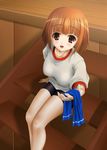  bike_shorts blush brown_eyes brown_hair giving gym_uniform kashii_airi mushoku_no_hourousha open_mouth outstretched_arm rou-kyuu-bu! short_hair sitting sitting_on_stairs solo stairs towel 