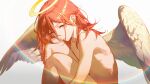  1boy absurdres androgynous angel_devil_(chainsaw_man) angel_wings bilingual_commentary chainsaw_man cherrymaru closed_mouth commentary_request english_commentary feathered_wings from_side hair_between_eyes halo highres knees_up lens_flare long_hair looking_at_viewer male_focus mixed-language_commentary nude orange_eyes orange_hair simple_background traditional_halo white_background white_wings wings yellow_halo 