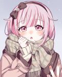  1girl black_bow black_hairband blush bow bow_hairband clothes_grab commentary grey_background grey_scarf hair_bow hairband jacket long_sleeves looking_at_viewer mau_(mauchannnn) neckwear_grab nose_blush ootori_emu open_mouth pink_eyes pink_hair pink_jacket project_sekai scarf scarf_grab simple_background sleeves_past_wrists snowing solo sweater symbol-only_commentary upper_body white_sweater 