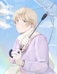  1boy axis_powers_hetalia blonde_hair blue_sky blush buttons closed_mouth cloud cloudy_sky coat commentary_request day gloves hands_up harutoro_39487 highres holding holding_umbrella long_sleeves looking_at_viewer male_focus official_alternate_costume outdoors purple_coat purple_eyes rain russia_(hetalia) scarf short_hair sky smile solo transparent transparent_umbrella umbrella upper_body white_gloves white_scarf 
