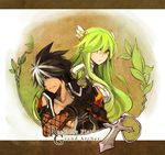  1girl black_hair character_name coat elsword expressionless gloves grand_archer_(elsword) green_eyes green_hair ivy60530 long_hair multicolored_hair raven_(elsword) reckless_fist_(elsword) rena_(elsword) spiked_hair streaked_hair two-tone_hair white_hair yellow_eyes 