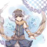  1boy alternate_color animal_around_neck belt blue_background blue_shirt bridal_veil brown_belt brown_eyes brown_hair closed_mouth commentary_request detached_sleeves flower fox grey_sleeves kawachi_(hina) looking_at_viewer lowres male_focus professor_(ragnarok_online) purple_flower ragnarok_online shirt short_hair sleeveless sleeveless_shirt smile solo striped_sleeves upper_body veil yellow_sleeves 