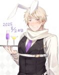  1boy alcohol animal_ears argyle_background axis_powers_hetalia belt black_vest blonde_hair blush buttons closed_mouth commentary_request cup dated drink drinking_glass embarrassed fake_animal_ears hand_up harutoro_39487 highres holding holding_tray lapels long_sleeves looking_at_viewer male_focus necktie pectorals puffy_long_sleeves puffy_sleeves purple_eyes purple_necktie rabbit_ears russia_(hetalia) shirt short_hair solo sweatdrop tray upper_body vest white_background white_belt white_shirt 