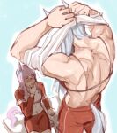  2girls alternate_muscle_size animal_ears back blue_background blush bra gold_ship_(umamusume) hair_ribbon height_difference horse_ears horse_girl horse_tail jacket long_hair mejiro_mcqueen_(umamusume) multiple_girls muscular muscular_female on_bench pink_hair ribbon simple_background sitting size_difference sweat tail track_jacket umamusume underwear undressing vennyyyy_draws white_hair yuri 