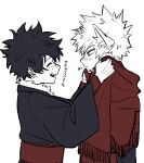  2boys 4_rin animal_ear_fluff animal_ears arms_up bakugou_katsuki blush boku_no_hero_academia commentary_request freckles fur_trim highres long_sleeves looking_at_another male_focus midoriya_izuku multiple_boys nose_blush official_alternate_costume red_scarf robe scarf short_hair simple_background smile spiked_hair teeth translation_request upper_teeth_only white_background white_fur wide_sleeves winter_clothes wolf_ears 