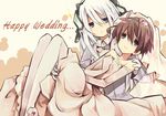  1girl aoi_toori bridal_veil carrying couple crossdressing dress elbow_gloves gloves hetero horizon_ariadust kyoukaisenjou_no_horizon long_hair pantyhose princess_carry purple_eyes short_hair silver_hair tsuka_(raikousama) veil wedding_dress 