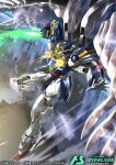 commentary_request copyright_logo copyright_name copyright_notice energy_sword falling_feathers feathers firing green_eyes gundam gundam_arsenal_base gundam_wing:_endless_waltz holding holding_sword holding_weapon logo mecha mecha_focus mechanical_wings no_humans official_art robot sakusakusakurai science_fiction shoulder_cannon solo sword v-fin weapon white_feathers white_wings wing_gundam_zero_custom wings 