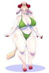 absurd_res anthro big_breasts bikini blind_eye blue_eyes bovid bovid_horn bovine bovine_horn breasts bull_horn cattle clothed clothing digitigrade eyebrows fan_character female fur fur_markings hair hi_res hooves horn lazerwizz long_ears long_hair long_ponytail long_tail looking_at_viewer mammal markings navel ponytail red_body red_fur red_horn skimpy snout solo spots spotted_body spotted_fur story story_in_description swimwear tail tan_body tan_fur tan_hair tan_spots two-piece_swimsuit white_body white_fur wide_hips