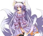  animal_ears fox_ears fox_tail long_hair multiple_tails nagai_wataru original purple_hair red_eyes simple_background smile solo tail very_long_hair white_background 