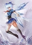  alternate_costume ass banned_artist blue_eyes blue_hair boots cirno commentary elbow_gloves fingerless_gloves full_body gloves highres ice ice_wings older smile solo thighhighs touhou white_legwear wings yinan_cui 