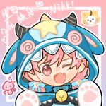  animal_costume animal_ear_hood animal_hands bell black_horns black_shirt blue_bow blue_bowtie blue_cloak blush_stickers bow bowtie brown_eyes character_name chinese_commentary chinese_text cloak commentary_request dated deepwood_dream_(infinity_nikki) dragon_costume dragon_horns fang gloves gradient_background hair_bow hair_ornament happy happy_birthday highres hood hood_up hooded_cloak horned_hood horns infinity_nikki long_hair low_twintails momo_(nikki) mushroom neck_bell nikki_(nikki) nikki_(series) one_eye_closed open_mouth outline paw_gloves paw_pose pink_background pink_hair polka_dot polka_dot_background print_hood purple_background shirt short_twintails sjr1127 smile star_(symbol) star_hair_ornament star_in_eye star_print striped_horns symbol_in_eye tareme translation_request turtleneck turtleneck_shirt twintails two-tone_background white_gloves white_outline 