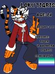 4_fingers anthro blue_eyes bottomwear clothing english_text felid fingers jacket male mammal model_sheet orange_body panthera pantherine pants solo tail text tiger topwear wannapossums whiskers