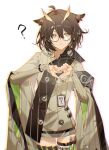  1girl ? animal_ears arknights armband bird_ears brown_cloak brown_dress brown_hair cloak commentary cowboy_shot dress feathers heart heart_hands highres id_card indai_(3330425) long_sleeves orange_eyes rhine_lab_logo short_hair silence_(arknights) simple_background solo symbol-only_commentary test_tube thigh_strap thumbs_down thumbs_down_heart_hands white_background wristband 