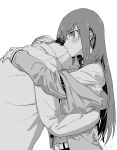  1boy 1girl adam's_apple arm_belt beard_stubble belt black_hair black_shorts blush breast_pocket breasts brown_hair brown_jacket collarbone collared_shirt commentary_request couple crying facial_hair greyscale hair_between_eyes hair_over_shoulder highres hug hunched_over jacket jacket_partially_removed lab_coat lapels leather_belt long_hair long_sleeves looking_ahead makise_kurisu messy_hair monochrome necktie notched_lapels okabe_rintarou open_clothes pocket rocni science_adventure shirt shorts simple_background small_breasts steins;gate stubble white_belt white_shirt 