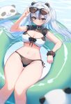  1girl adjusting_eyewear animal_ears bikini black_bikini black_shrug black_streaks breasts commentary_request eyewear_on_head feet_out_of_frame front-tie_bikini_top front-tie_top highres innertube large_breasts looking_at_viewer moti_yousei multicolored_hair navel original panda panda_ears scrunchie shrug_(clothing) side-tie_bikini_bottom smile solo streaked_hair sunglasses swim_ring swimsuit twintails white_bikini white_hair wrist_scrunchie 