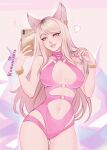 absurd_res ahri_(lol) animal_humanoid big_breasts blonde_hair bracelet breasts canid canid_humanoid canine canine_humanoid cellphone clothing collarbone ear_piercing ear_ring electronics eyebrows eyelashes female fox_humanoid hair heart_symbol hi_res humanoid inner_ear_fluff jewelry konomiarts league_of_legends mammal mammal_humanoid multi_tail navel one-piece_swimsuit phone piercing pink_clothing pink_swimwear ring_piercing riot_games smartphone smile solo swimwear tail tencent tuft