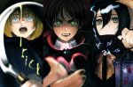  1girl 2boys 5nd_0mc armin_arlert ascot black_hair black_nails blonde_hair blue_eyes blurry blurry_foreground brown_hair closed_mouth commentary_request dot_mouth eren_yeager fangs green_eyes grey_eyes hair_between_eyes halloween_costume highres holding holding_polearm holding_sickle holding_weapon horns mikasa_ackerman multiple_boys nail_polish open_mouth outstretched_hand polearm shingeki_no_kyojin short_hair sickle trick_or_treat twintails upper_body vampire_costume weapon white_ascot 