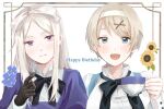  2girls axis_powers_hetalia belarus_(hetalia) black_bow black_bowtie blonde_hair blue_eyes blue_flower blush bow bowtie breasts brown_gloves buttons closed_mouth cup dress english_text flower fork gloves hair_bow hair_ornament hairband happy_birthday harutoro_39487 hashtag-only_commentary holding holding_cup holding_fork juliet_sleeves large_breasts leaf long_hair long_sleeves looking_at_viewer mandarin_collar multiple_girls open_mouth puffy_long_sleeves puffy_sleeves purple_dress purple_eyes shirt short_hair siblings sidelocks simple_background sisters smile sunflower suspenders teacup ukraine_(hetalia) upper_body white_background white_bow white_hair white_hairband white_shirt x_hair_ornament yellow_flower 