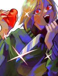  1other absurdres brown_hair chara_(undertale) commentary fffkace green_sweater hashtag-only_commentary heart highres holding holding_heart holding_knife knife medium_hair open_mouth other_focus red_eyes short_hair smile solo sweater teeth undertale upper_body upper_teeth_only utdr_(toby_fox) 