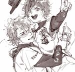  2boys ace_of_diamond baseball_cap baseball_helmet baseball_jersey baseball_uniform carrying carrying_person compression_shirt fangs floating_hat goggles greyscale hat helmet highres holding holding_unworn_helmet jersey mafuin_da male_focus miyuki_kazuya monochrome multiple_boys open_mouth sawamura_eijun short_hair simple_background smile sportswear sweat teeth unworn_headwear unworn_helmet white_background 