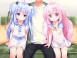  2girls ahoge black_pants blue_bow blue_eyes blue_hair blue_necktie blue_sailor_collar blush bow bowtie buttons closed_mouth collarbone couch double_bun feet_out_of_frame game_cg hair_bow hair_bun hand_up harem_futago_lolita head_out_of_frame large_variant_set long_hair multiple_girls necktie non-web_source open_mouth pants pillow pink_eyes pink_hair pleated_skirt sailor_collar shirt short_sleeves siblings sisters sitting skirt smile sunao_(harem_futago_lolita) tomari_(harem_futago_lolita) twins usashiro_mani variant_set white_shirt white_skirt yellow_bow yellow_bowtie 
