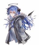  1girl arknights black_halo black_horns black_jacket blue_eyes blue_hair bochishiraita closed_mouth cropped_torso detached_wings fur-trimmed_hood fur_trim hair_between_eyes halo highres hood hood_down hooded_jacket horns jacket long_hair looking_at_viewer mostima_(arknights) open_clothes open_jacket simple_background smile solo white_background wings 