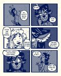 absurd_res anthro asriel_dreemurr bodily_fluids bovid caprine comic deer deltarune dess_holiday dialogue dog_tags duo ear_piercing ear_ring female flannel_shirt freckled_face freckles goat halftone hi_res jewelry male mammal monochrome necklace new_world_deer piercing reindeer ring_piercing sexylinguini speech_bubble sweat sweatdrop undertale undertale_(series)