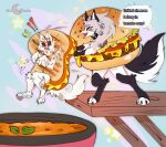 2025 amaterasu_(okami) angelitaracoohn anthro anthrofied black_body black_eyes black_fur burger_costume canid canid_demon canine canis capcom claws collar deity demon dialogue digital_media_(artwork) duo exclamation_point facial_markings female food_costume forehead_mark fur grey_hair grilled_cheese_sandwich_costume hair head_markings hellaverse hellhound helluva_boss hi_res loona_(helluva_boss) mammal markings mythological_canine mythological_creature mythology okami_(capcom) pushing red_markings speech_bubble spiked_collar spikes surprised tomato_soup watermark white_body white_fur wolf