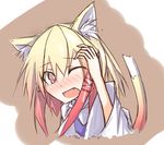  alternate_hair_color animal_ears blonde_hair blush brown_background cat_ears cat_tail fang gradient_hair ichiyan long_sleeves looking_at_viewer moriya_suwako multicolored_hair nose_blush one_eye_closed open_mouth red_hair short_hair solo tail touhou two-tone_hair wide_sleeves yellow_eyes 
