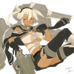  1girl bad_id bandaged_leg bandages black_gloves black_skirt black_thighhighs breasts budget_sarashi chest_sarashi closed_mouth commentary_request dark-skinned_female dark_skin dated glasses gloves headgear ishida_shouji kantai_collection large_breasts long_hair miniskirt musashi_(kancolle) partially_fingerless_gloves pleated_skirt rigging sarashi simple_background sketch skirt solo thighhighs twitter_username white_background white_hair 